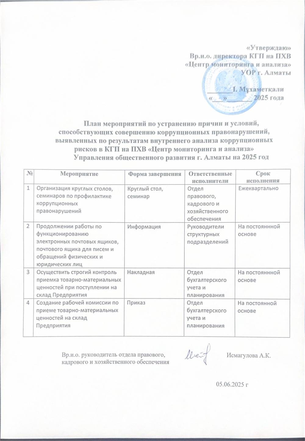 План мероприятий по устранению причин и условий, способствующих совершению коррупционных правонарушений, выявленных по результатам внутреннего анализа коррупционных рисков